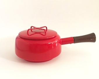 DANSK RED SAUCEPAN, Jens Quistgaard, Made in France, 1.5 Qt, Vintage Enamel Cookware, Wood Handle, Scandinavian Modern, Cherry Red