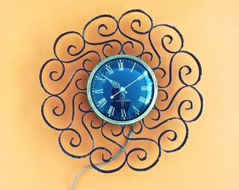 Fabulous VINTAGE WALL CLOCK, Mid Century, Electric Clocks, Curly Wrought Iron, Spanish Revival, Bohemian Home Decor