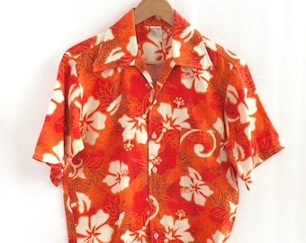 Vintage TIKI Shirt, Hawaiian Barkcloth, Orange Tropical Flowers, Cocktail Fashion, Mens Medium