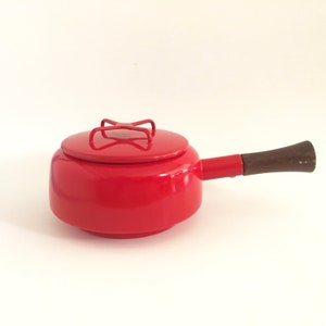 DANSK RED SAUCEPAN, Jens Quistgaard, Made in France, 1.5 Qt, Vintage Enamel Cookware, Wood Handle, Scandinavian Modern, Cherry Red