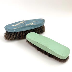 HORSEHAIR BRUSHES, Shoe Boot Brush, Set of 2, Vintage Utility Sweepers, Chippy Cottage Decor, Rustic Wooden Workshop Tools, Painted Handles