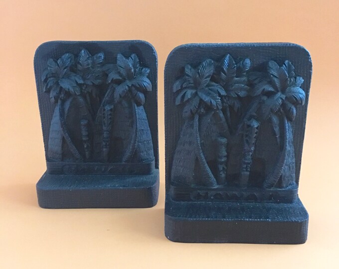 Vintage Tiki Hawaiian Bookends Palm Trees Tiki Idols Grass Etsy