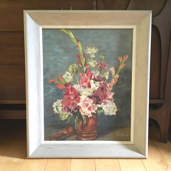 MID CENTURY Floral PAINTING, Original Artwork, Vintage Summer Flowers Bouquet, Signed Acrylic, Romantic Garden Cottage, 1950s, Gladiolas,