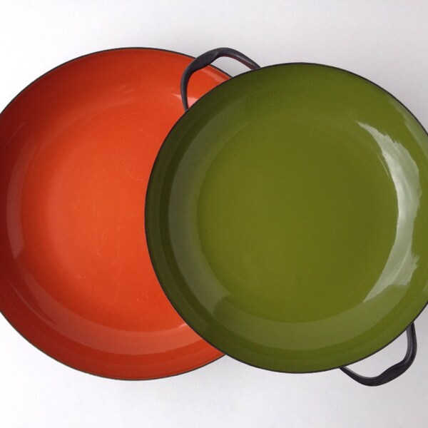 Mid Century Enamel Coated Pans Danish Modern Style Orange Avocado Green