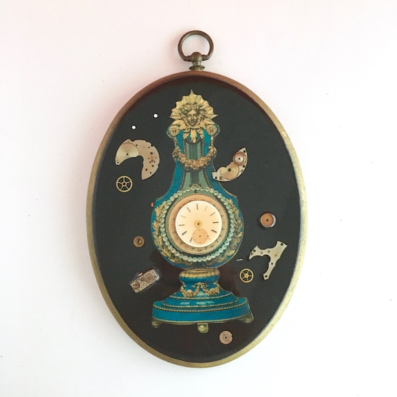 Steampunk Clock Parts Collage, Victorian Style Oval Hanging Art