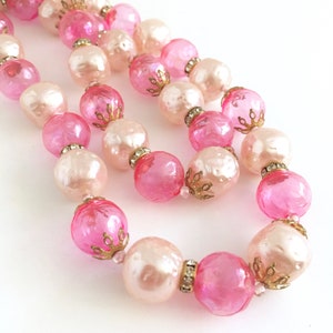 PINK PEARL NECKLACE, Double Strand Beads, Hot Pink Bubble Choker, Mid Century Vintage Jewelry, Rhinestones, Filigree