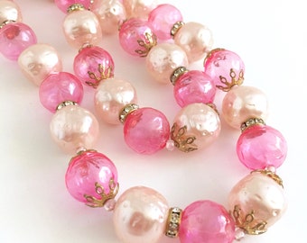 PINK PEARL NECKLACE, Double Strand Beads, Hot Pink Bubble Choker, Mid Century Vintage Jewelry, Rhinestones, Filigree