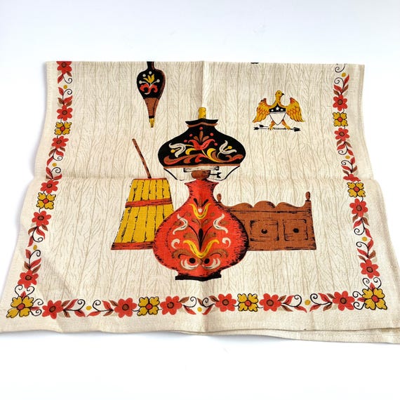 1970s LINEN DISHTOWEL, Retro Americana, Seventies Decor, Unused Pure Linen, Kitsch Kitchen