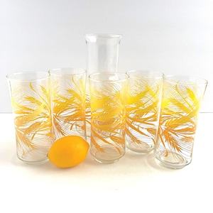 1970s ORANGE DRINKWARE SET, Tumblers and Pitcher, Yellow Wheat Glassware, Libbey Golden Harvest, Set of 6, Cocktails Highballs, Iced Tea