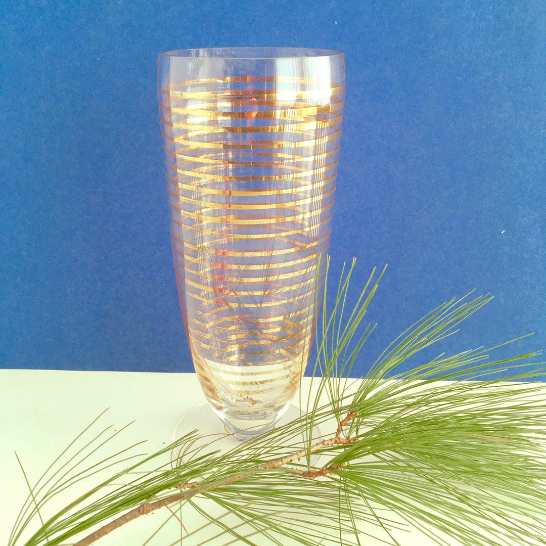 GOLD STRIPED VASE, Mid Century Glass, Vintage Footed Vase, Large Branch Bouquet Holder, Holiday
