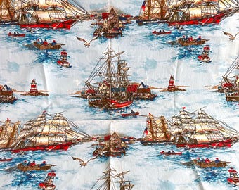NAUTICAL SHIPS FABRIC Panels, Sailboat Curtains, 7 Available Unfinished Pieces, 41&quot; x 59&quot;, Vintage Schooners Lighthouses, Coastal, Crafting