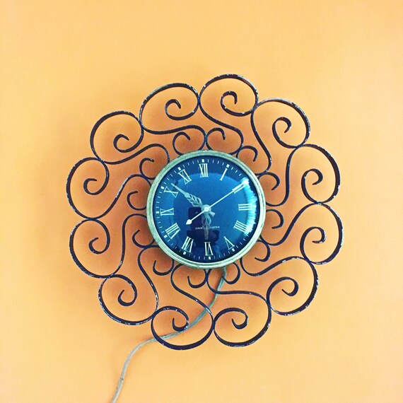 Mid Century Wall Clock Electric Curly Wrought Iron Spanish Etsy Mid Century Wall Clock Electric Curly Wrought Iron Spanish Etsy