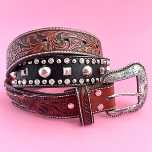 1990s COWBOY PUNK BELT, Ladies Size 36, Nocona Black Brown, Leather Studded Rhinestone Belt, Vintage
