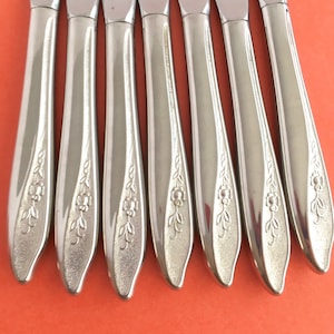 Vintage ROSE FLORAL KNIVES, Mid Century Flatware, Dinner Knife Set, Retro Stainless, Roses Design Silverware, 7 Pieces