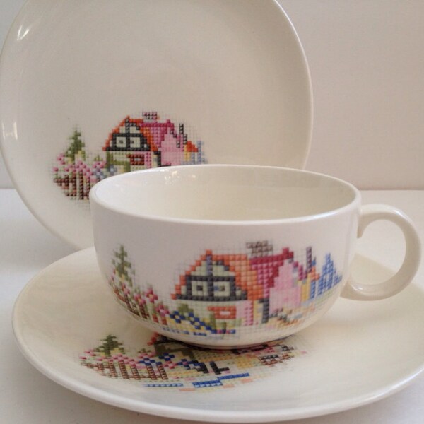 Vintage Tea Cups and Plates Set of 7 "Crosstitch Cottage" from Iva-Lure by Crooksville