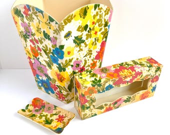 1960s BATH STORAGE SET, Mod Floral, 3 Pieces, Plastic Wastepaper Basket, Tissue Holder, Soap Dish