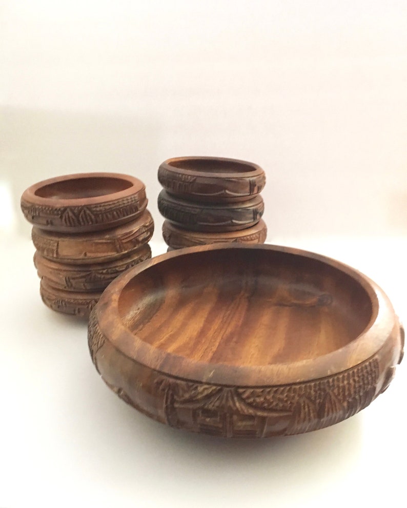 Wooden Bowl Set Tiki Buffet Servers Polynesian Salad Chip Dip Bowls