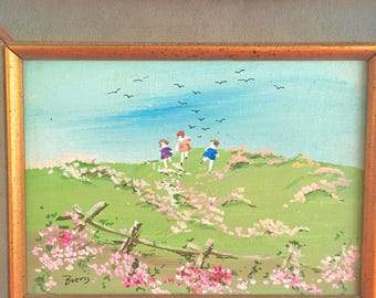 SUMMER CHILDREN PAINTING, Hillside and Flowers, Little Girls Playing, Original Signed Artwork, Oil Painting, Blue Skies, Childhood Joy