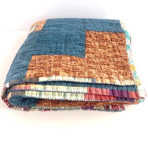 MID CENTURY QUILT, Vintage Handmade, Twin Size, Atomic Boys Decor, Tiki and Plaid, Blue and Brown, 59" x 80"