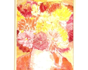 MID CENTURY PAINTING, Original Acrylic Artwork, Large 1970s Signed Vintage Art, Mod Colorful Flowers,  Dahlias,