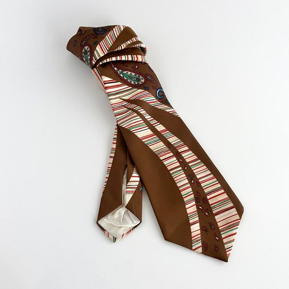 GROOVY SWOOSH 70s TIE, Brown Paisley & Stripe Flo… - image 1
