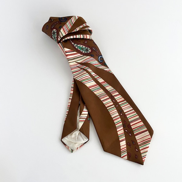 GROOVY SWOOSH 70s TIE, Brown Paisley & Stripe Flourish, Retro Mens Fashion