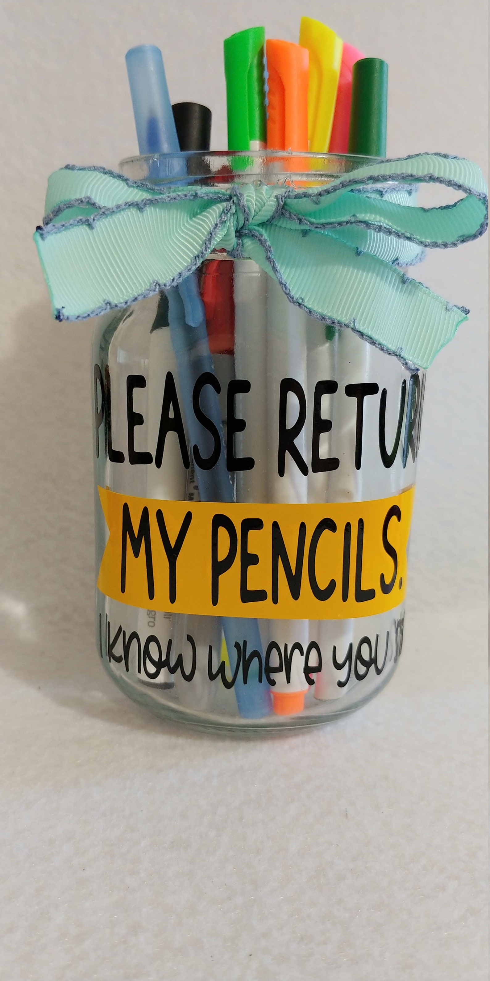 Glass Mason Jar teacher pencil holder with bow Etsy