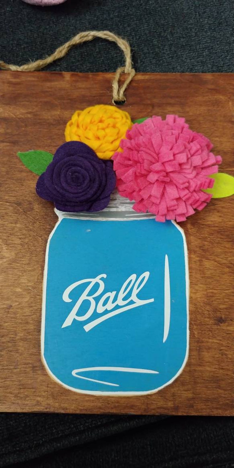 Blue mason jar with felt flowers wood stained sign