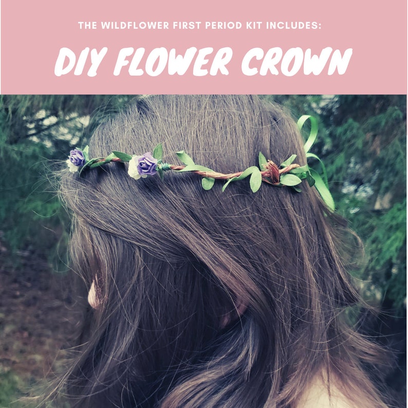 May include: A DIY flower crown made with purple flowers and green leaves. The crown is worn on a person's head with long brown hair.