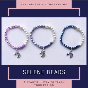 May include: Three beaded bracelets with a crescent moon charm. The bracelets are available in purple, blue, and a combination of blue and white.