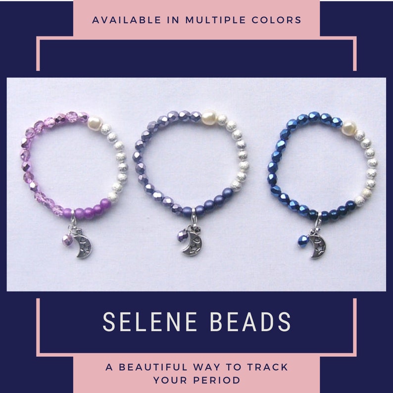 May include: Three beaded bracelets with a crescent moon charm. The bracelets are available in purple, blue, and a combination of blue and white.