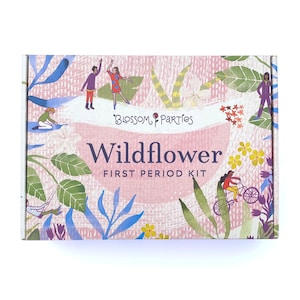 May include: A pink box with a floral design and the text "Wildflower First Period Kit" and "Blossom & Parties". The box features illustrations of people and flowers.