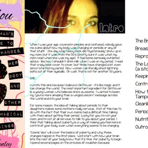 May include: A book cover with a butterfly and an eye illustration. The title is "Cosmic You: A Young Woman's Guide to Changes, Her Body and Other Magical Things." The subtitle is "by Katherine Van Hentey". The book cover is pink, yellow, and blue. The text on the right side of the cover is a table of contents for the book.