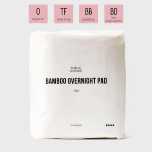 May include: A white package of bamboo overnight pads with the text "PUBLIC GOODS BAMBOO OVERNIGHT PAD 10ct" and "it's all good" printed on it.