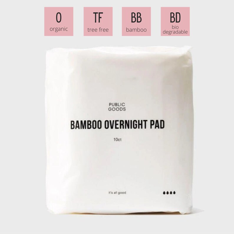 May include: A white package of bamboo overnight pads with the text "PUBLIC GOODS BAMBOO OVERNIGHT PAD 10ct" and "it's all good" printed on it.
