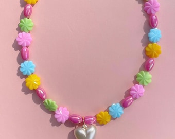 KIDS Pastel Beaded Necklace with Pearly Heart Charm x SJO JEWELRY