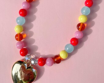 Heart Pendant Beaded Statement Necklace x SJO JEWELRY Chunky Glass Candy Colored Necklace Valentine's Day