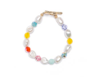 Rainbow Pastel Baroque Pearl Bracelet x SJO JEWELRY Colorful Statement Mermaid Jewels with Gold Toggle Clasp Mothers Day Gift for Her