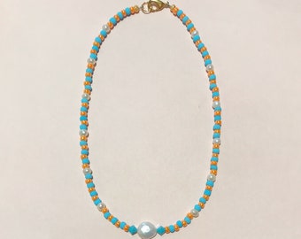 Johanna Pearl Beaded Necklace x SJO JEWELRY Turquoise & Orange Glass Statement Necklace