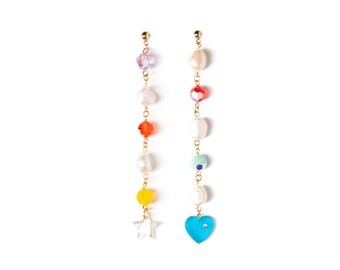 Pearl and Crystal Mismatch Charm Earrings x SJO JEWELRY Colorful Celestial Drop Earrings with Lucite Heart Charms and Mother of Pearl Stars