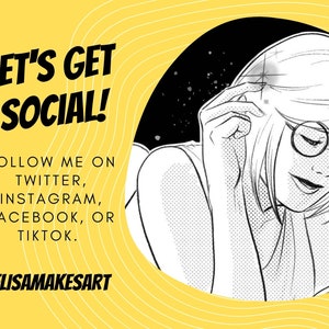 K&ouml;nnte beinhalten: Eine Schwarzwei&szlig;illustration einer Frau mit kurzen Haaren, die eine Brille tr&auml;gt und auf ein Telefon schaut. Der Text "LET'S GET SOCIAL!" ist in fetten schwarzen Buchstaben auf gelbem Hintergrund. Der Text "FOLLOW ME ON TWITTER, INSTAGRAM, FACEBOOK, OR TIKTOK." ist in schwarzen Buchstaben auf gelbem Hintergrund. Der Text "ELISAMAKESART" ist in schwarzen Buchstaben auf gelbem Hintergrund.