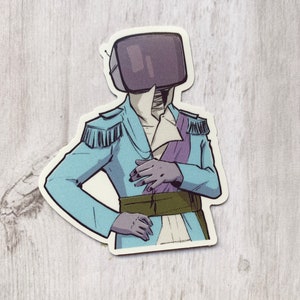 May include: A sticker of a person with a television for a head wearing a blue jacket with gold trim, a purple sash, and a green belt.