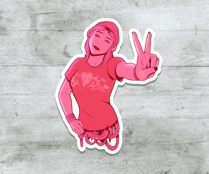 K&ouml;nnte beinhalten: Ein rosa Sticker mit einer Comic-Frau mit rosa Haaren und einem rosa Shirt. Sie zeigt mit ihrer rechten Hand ein Peace-Zeichen. Der Bauch der Frau besteht aus rosa W&uuml;rmern.