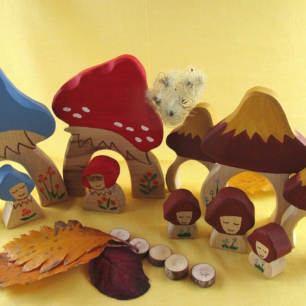 DIY / instructions / scrollsaw patterns / plans for making 3 Mushroom houses / cottages with mushroom gnomes / dwarves / pixies