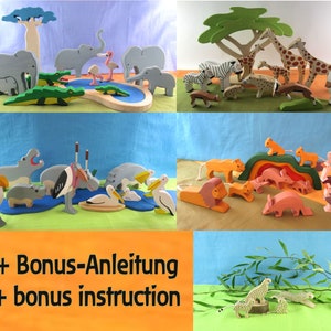 Op de afbeelding: Een set houten dierenfiguren, waaronder een giraffe, zebra, leeuw, nijlpaard, pelikaan en olifant. De figuren zijn geschilderd in felle kleuren en perfect voor fantasierijk spelen. De set bevat ook een bonusinstructieboekje.