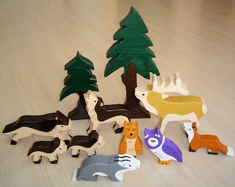 pdf patterns / tutorial for 10 different wooden animals in Waldorf style, DIY - conifer, wolf, stag, badger, marten, owl
