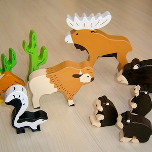 pdf patterns / tutorial for 10 different wooden animals in Waldorf style, DIY - bison, bear, moose, eagle, skunk