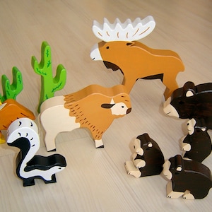 pdf patterns / tutorial for 10 different wooden animals in Waldorf style, DIY bison, bear, moose, eagle, skunk image 1