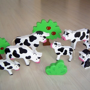 pdf patterns / tutorial for 10 different wooden animals in Waldorf style, DIY - cow, bull, calf,tree, bush
