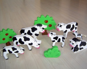 pdf patterns / tutorial for 10 different wooden animals in Waldorf style, DIY - cow, bull, calf,tree, bush
